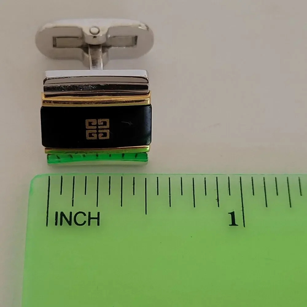 Givenchy Cufflinks Set Silver Gold Tone Black Onyx Square Logo Vintage Designer‎